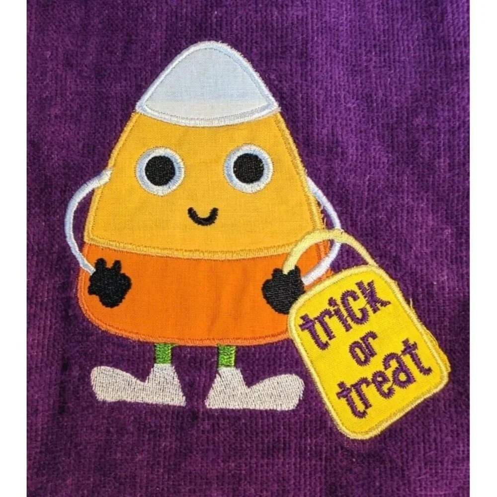 3 Vtg Halloween Hand Towels Embroidered Tea Ghost Candy Corn Pumpkin Applique